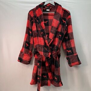 PINK Victorias Secret Womens Red & Black Faux Fur Checked Dog Belted Robe Size S